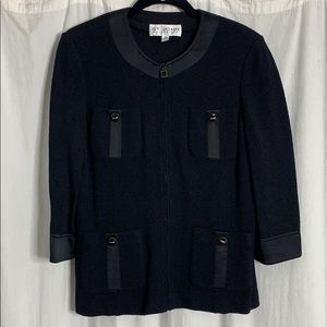 St. John black knit and satin zip sweater jacket